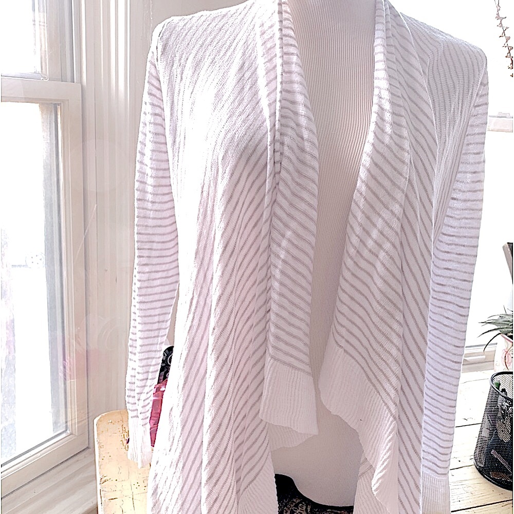 Eileen Fisher Linen gray & white striped open front cardigan S - Picture 2 of 10